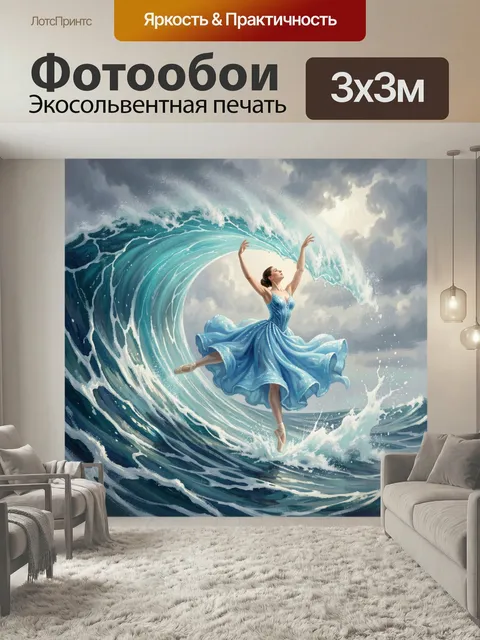 Фотообои Балерина в морской волне. Изящная танцовщица в голубом платье кружится внутри огромного бирюзового прибоя, во…