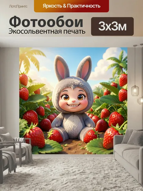 Фотообои Улыбающийся зайчонок в клубничном саду. Милый мультяшный зверёк в сером пушистом костюме с длинными ушками си…