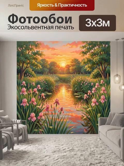 Фотообои Ирисы у пруда на закате