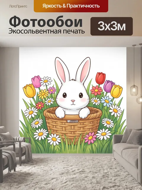 Фотообои Зайчик в корзинке с цветами. Милый белый зайчонок сидит в плетёной корзинке среди весенних цветов: тюльпаны и…