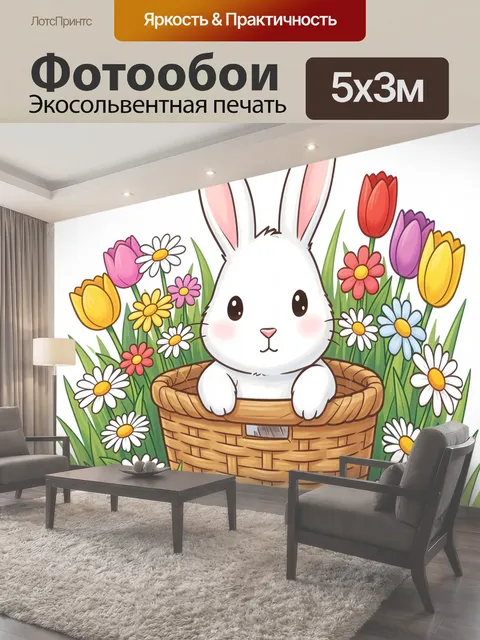 Фотообои Зайчик в корзинке с цветами