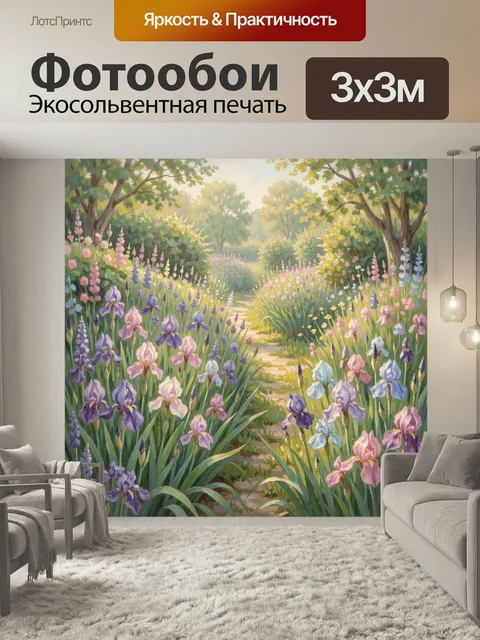 Фотообои Цветущая садовая тропинка. Живописная летняя аллея среди ирисов и полевых цветов, мягкая пастельная палитра, …
