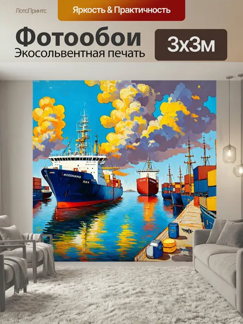 Фотообои Море в стиле ван гога, изображающие порт с грузовыми судами, окутанными в облаках краски и яркой морской жизни