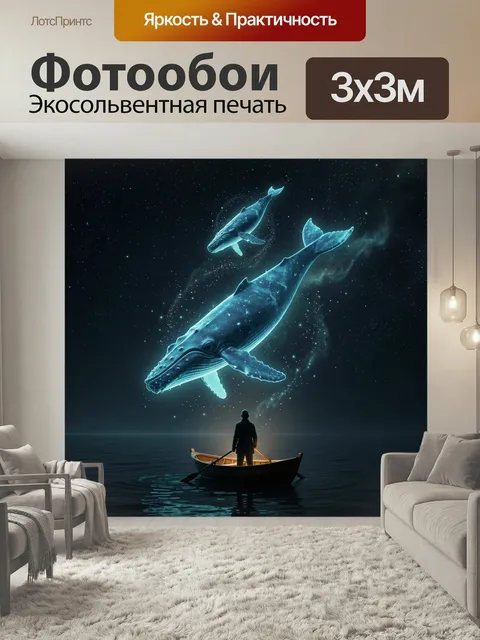 Фотообои Космические киты над лодкой. Фантастическая сцена: светящиеся синие гиганты плывут в звездном небе над челове…