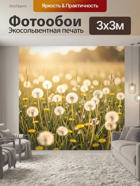 Фотообои Луговые одуванчики на закате. Солнечная цветочная поляна с пушистыми семенами, тонкими травами и жёлтыми поле…