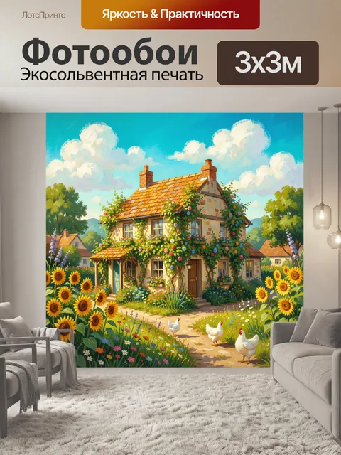 Фотообои Цветущий дом в деревне. Сказочный сельский пейзаж с уютным коттеджем, увитым зеленью и цветами, яркими подсол…