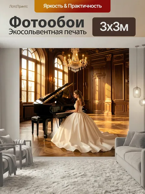Фотообои Девушка у рояля в зале. Элегантная юная пианистка в пышном светлом наряде за черным инструментом в роскошном …