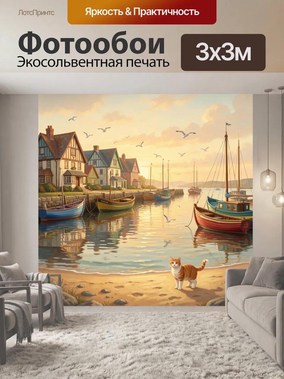 Фотообои Прибрежная гавань с лодками и котом