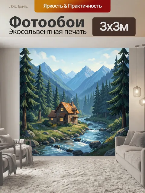 Фотообои Домик у горной реки. Живописный пейзаж: деревянный дом у извилистой реки, пороги и камни, хвойный лес, высоки…