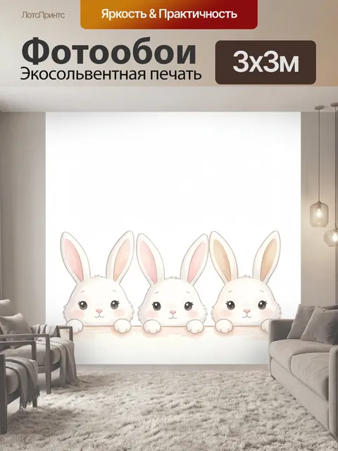 Фотообои Три белых зайчонка. Милые ушастые зверьки выглядывают из-за нижнего края, нежная акварельная иллюстрация в па…