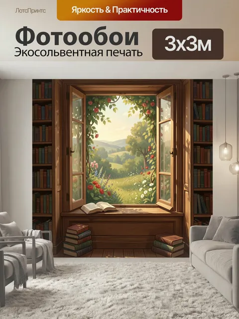 Фотообои Уютная библиотека у открытого окна. Тёплый интерьер с деревянными стеллажами, раскрытой книгой и видом на зел…