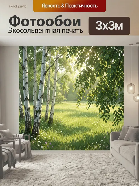 Фотообои Солнечная берёзовая роща. Летний лесной пейзаж с белоствольными деревьями, зелёной листвой и цветущим лугом. …