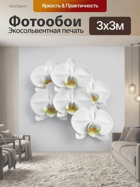 Фотообои Белые орхидеи с желтыми сердцевинами. Объемные белые цветы орхидей с желто-кремовыми акцентами и золотистыми …