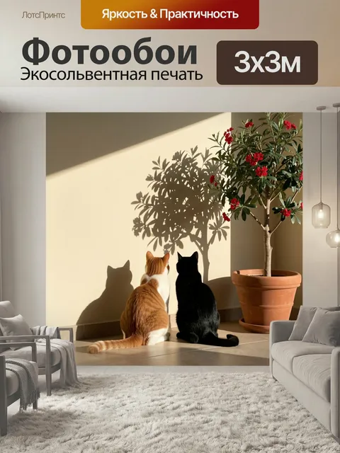 Фотообои Два кота у цветущего дерева. Два домашних питомца сидят спиной у светлой стены рядом с кадкой с деревцем и кр…