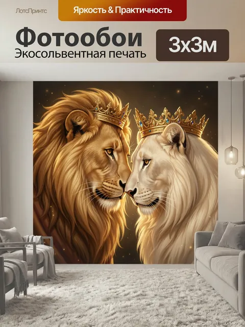 Фотообои Львиная пара в коронах. Парные царственные хищники в изящных диадемах, морды почти соприкасаются, тёплая золо…