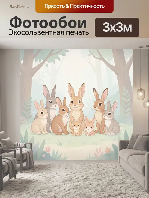 Фотообои Дружная компания кроликов в лесу. Милые кролики в дружной позе среди травы и листьев под мягкими ветвями дере…