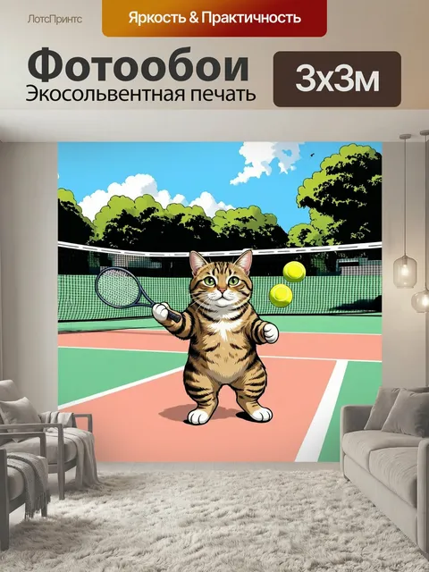 Фотообои Смешной человек-кот, играющий в теннис на заброшенном корте, с перекошенной сеткой и забавными мячами. стиль …