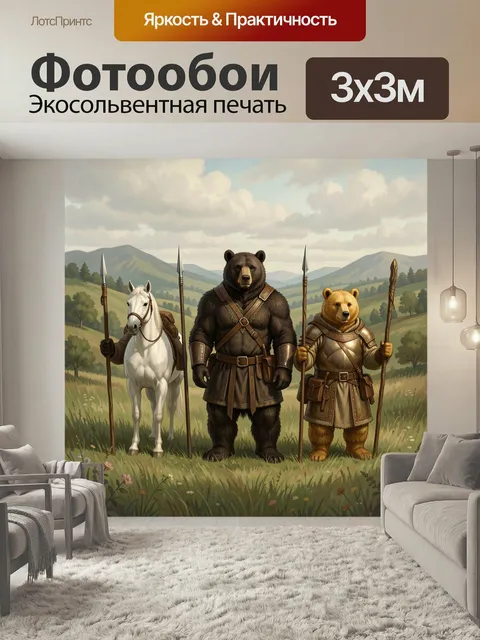 Фотообои Медведи и лошадь в поле. Фэнтезийная сцена с тремя антропоморфными животными в доспехах на фоне зеленых холмо…