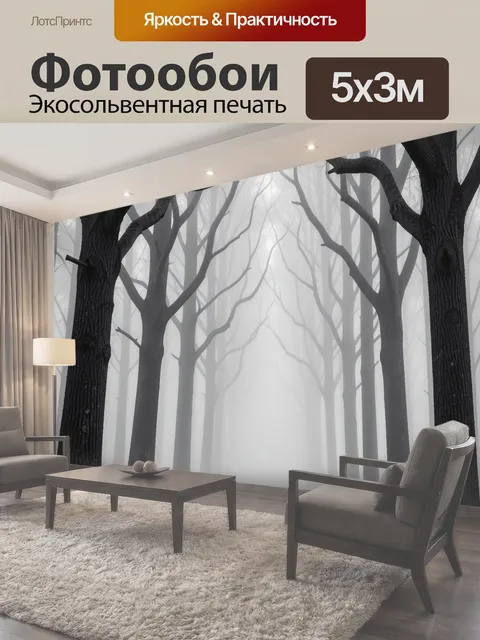 Фотообои Туманный лес с высокими деревьями
