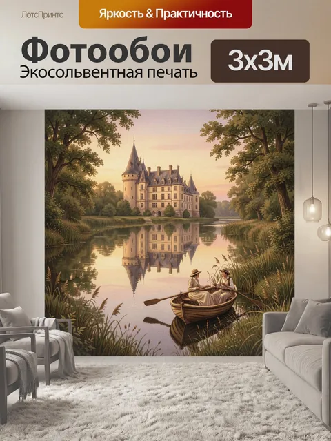 Фотообои Замок у тихой реки. Элегантный старинный дворец с башнями отражается в спокойной воде среди деревьев; на пере…