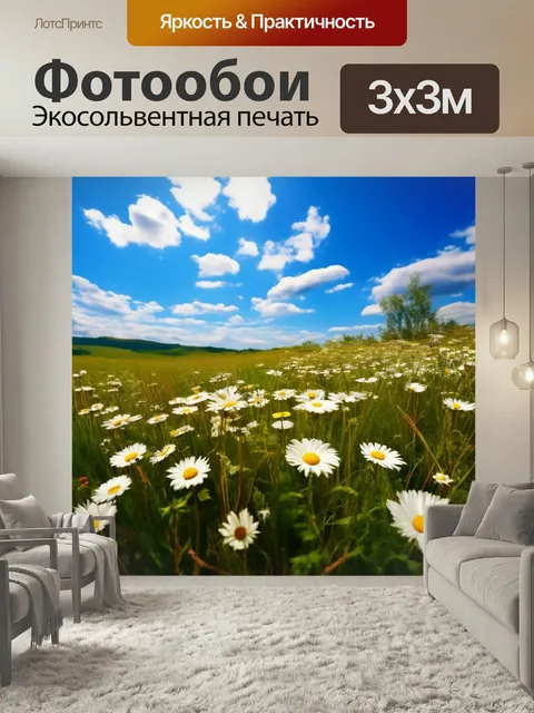 Фотообои Ромашковое поле, голубое небо, бесконечный вид летнее настроение природа