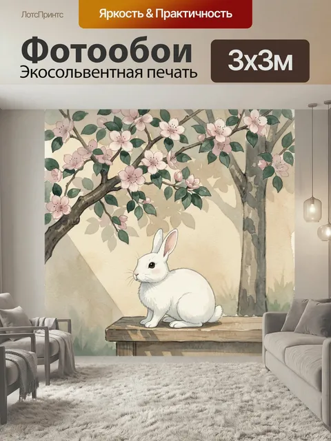 Фотообои Белый кролик под цветущей сакурой. Нежная акварельная сцена: белоснежный заяц сидит на деревянной скамье сред…