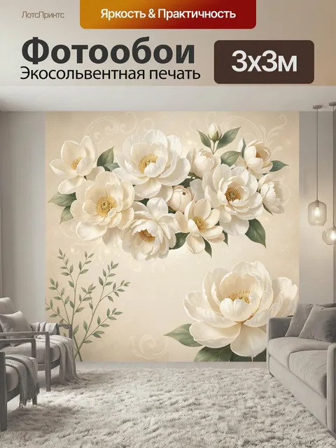 Фотообои Белые цветы на бежевом фоне. Нежная флористическая композиция в кремово-бежевой гамме: крупные садовые бутоны…