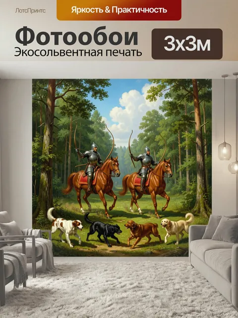 Фотообои На изображении изображена сцена охоты в лесу в стиле классической живописи: два рыцаря в доспехах и шлемах…