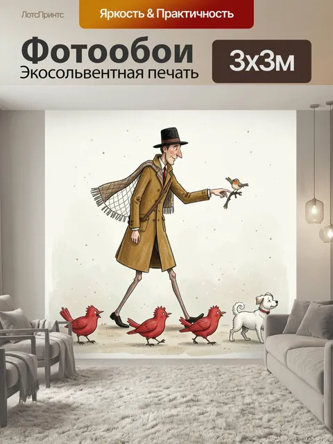 Фотообои Джентльмен с птицами и собакой. Наивная акварельная иллюстрация: высокий мужчина в шляпе и плаще общается с к…