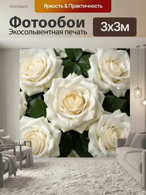 Фотообои Белые розы с зеленью. Нежная композиция из крупных кремово-белых бутонов на фоне тёмной листвы. Романтичный ф…