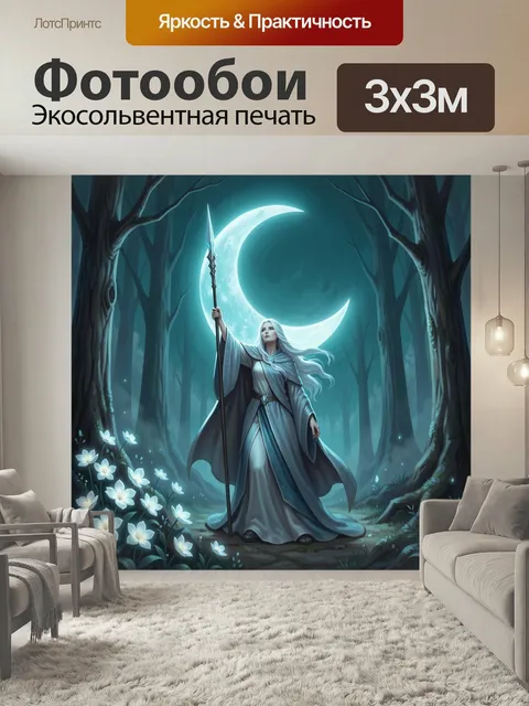 Фотообои Лунная волшебница в лесу. Фэнтезийная сцена: беловолосая колдунья с посохом стоит среди туманного леса под св…