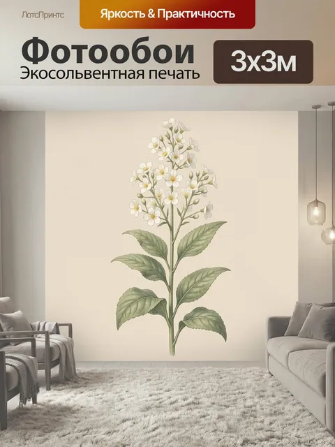 Фотообои Белые цветы с зелёными листьями. Нежная ботаническая иллюстрация: стройный стебель с мелкими белыми соцветиям…