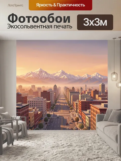 Фотообои Городская улица у гор на закате. Панорамный городской пейзаж: прямая улица с машинами уходит вдаль к силуэтам…