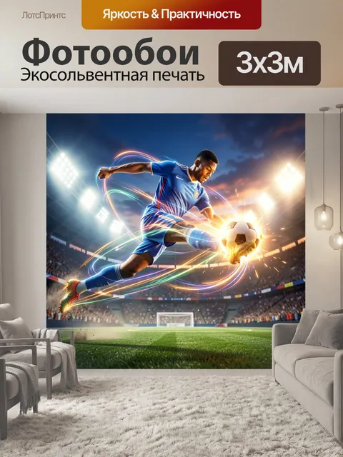 Фотообои Футболист в эффектном прыжке. Динамичный спортивный сюжет: атлет в синей форме бьёт мяч на стадионе при ярких…