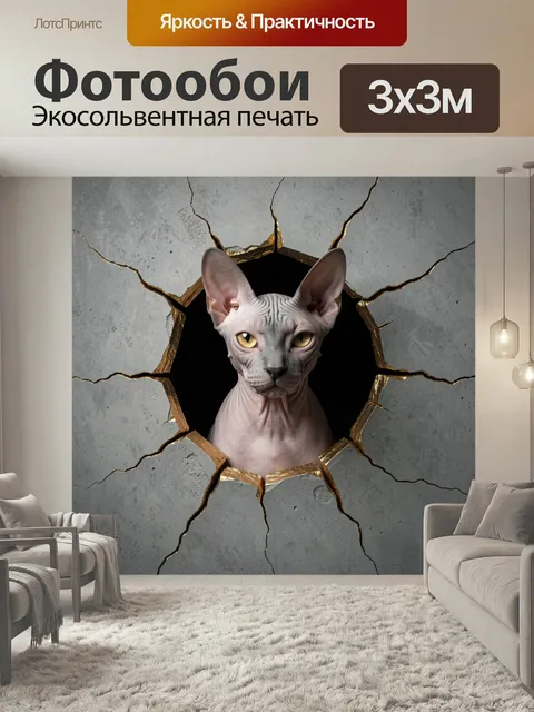 Фотообои Сфинкс в треснувшей стене. Нестандартный образ бесшерстной кошки с крупными ушами и золотистыми глазами, выгл…