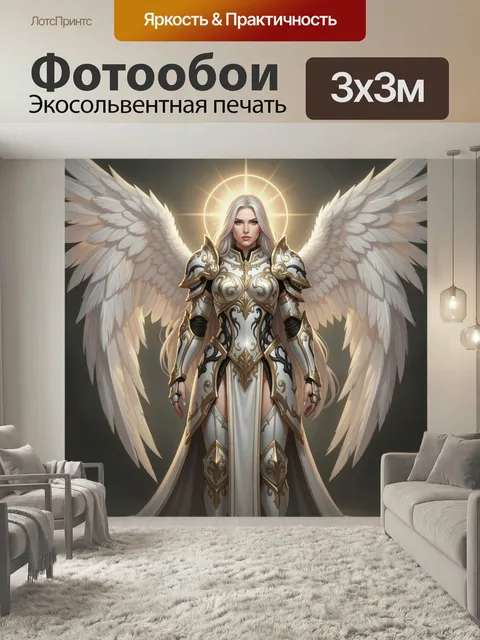 Фотообои Ангел воин с белыми крыльями. Светлая небесная дева в роскошных доспехах с золотым орнаментом, расправленными…