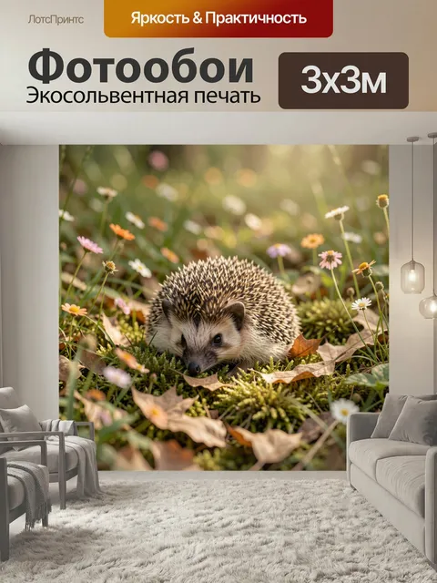 Фотообои Ежик среди лесных цветов. Милый колючий зверек лежит в траве и мху, вокруг ромашки и опавшие листья, мягкий з…