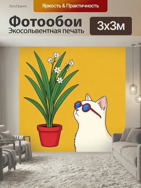 Фотообои Кот в очках и цветок в горшке. Минималистичная иллюстрация: белый кот в красных очках смотрит на высокий зеле…