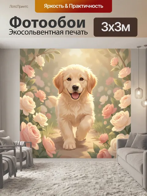 Фотообои Щенок золотистого ретривера в цветах. Милый пушистый песик идет навстречу в нежном саду с розовыми и кремовым…