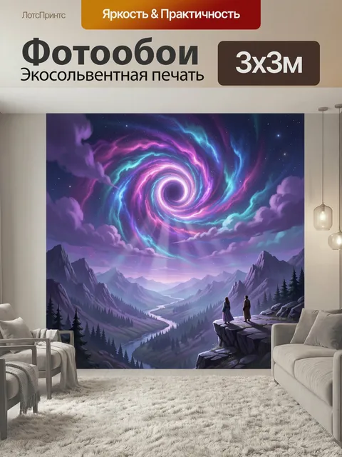 Фотообои Космический портал над горами. Фантазийная сцена с вихрем розово-голубого сияния в звездном небе, над долиной…
