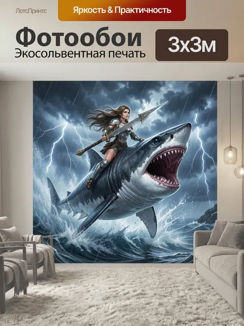 Фотообои Воительница на гигантской акуле. Фэнтезийная сцена морской битвы: храбрая девушка-воин мчится верхом на огром…