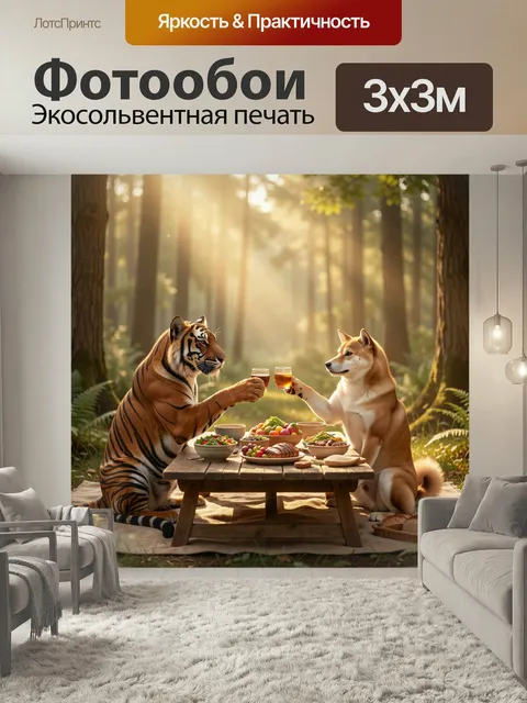 Фотообои Лесной пикник тигра и пса. Фантазийная 3D-сцена: полосатый хищник и рыжий пес чокаются бокалами за столом с у…
