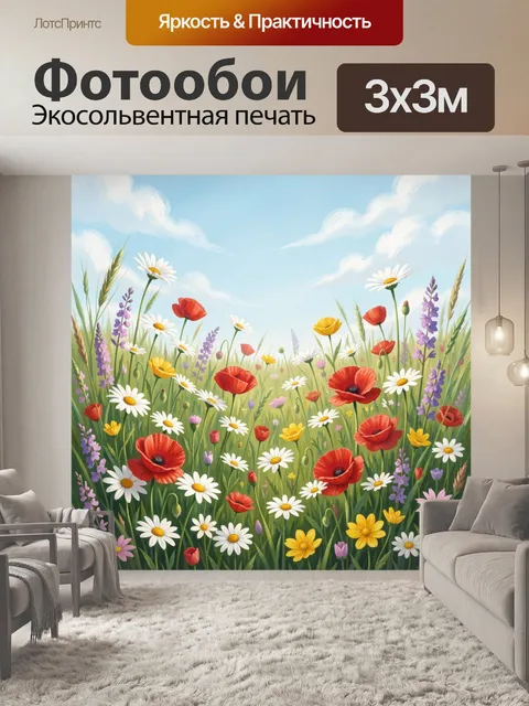 Фотообои Луговые цветы под голубым небом. Яркая летняя поляна с ромашками, маками, люпинами и дикими травами под нежны…