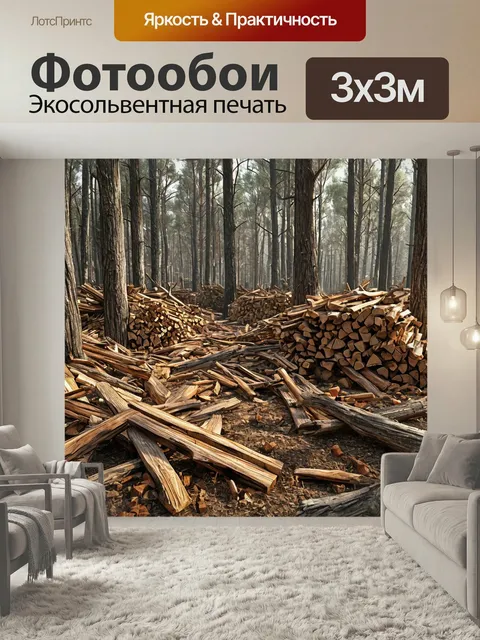 Фотообои Заготовка дров, бревна для бани, сбор валежника сосновый лес опушка