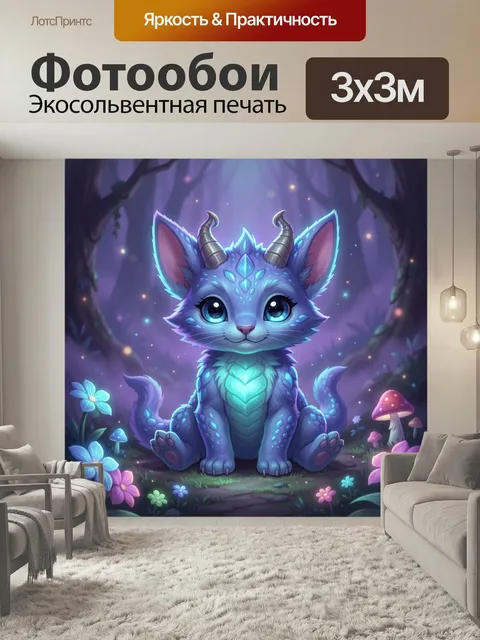 Фотообои Фэнтезийный дракончик в лесу. Милый сказочный зверёк с рогами и светящимися глазами сидит среди лесных цветов…