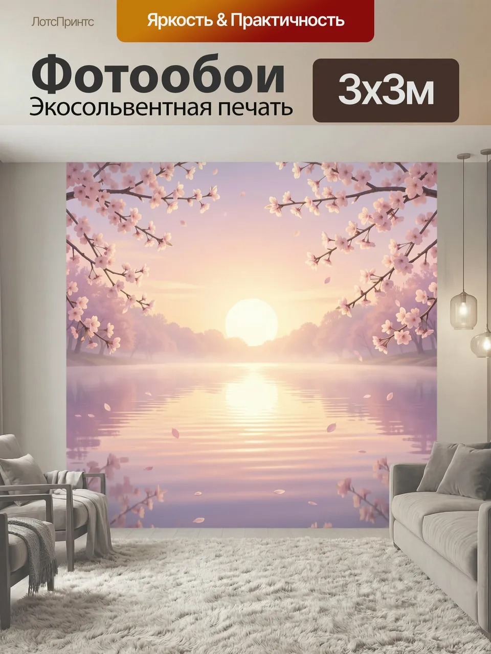 Фотообои Цветущая сакура над озером. Нежные вишневые ветви с розовыми лепестками обрамляют спокойную водную гл…