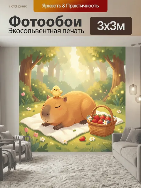 Фотообои Капибара с цыплёнком и ягодами. Нежная детская иллюстрация: дремлющий грызун на светлом пледе, сверху жёлтый …