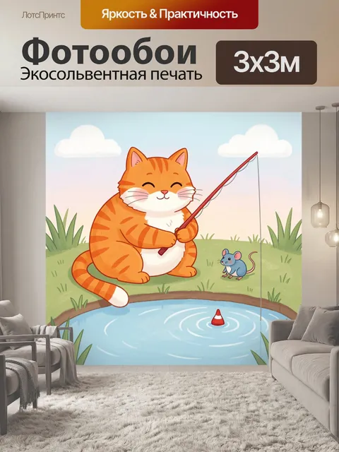 Фотообои Кот с удочкой у пруда. Милый мультяшный рыжий кот ловит рыбу у тихого водоема, рядом мышка и поплавок. Нежные…