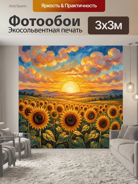 Фотообои Подсолнухи на закате в поле. Живописный летний ландшафт с бескрайними желтыми цветами на переднем плане, тепл…