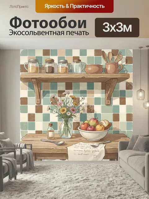 Фотообои Уютная кухня с цветами и фруктами. Нежный рустикальный натюрморт с деревянными полками, стеклянными банками, …